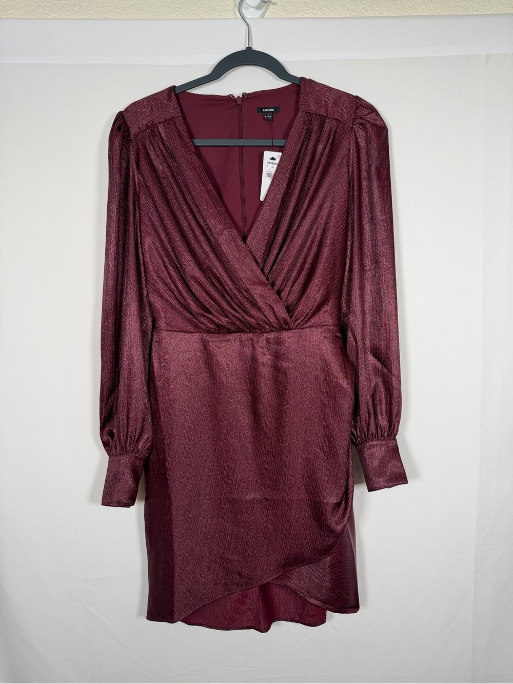 Express Wine Burgundy Surplice Long-Sleeve Mini Dress